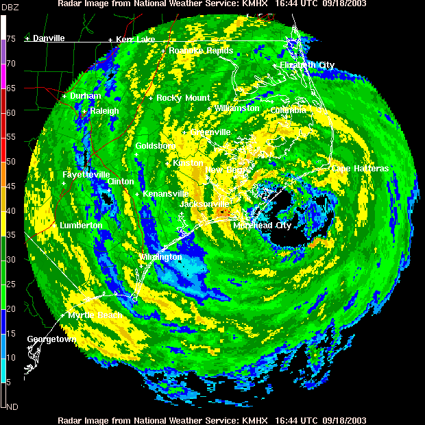 Radar image of Hurricane Isabel making landfall.